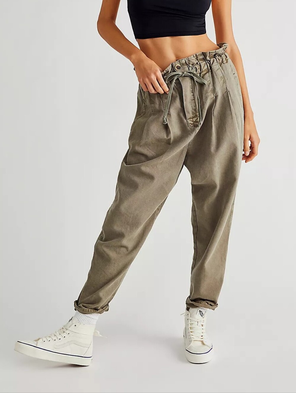 Free People Margate Olive Green High Rise Paperbag Pleated Trouser Pants